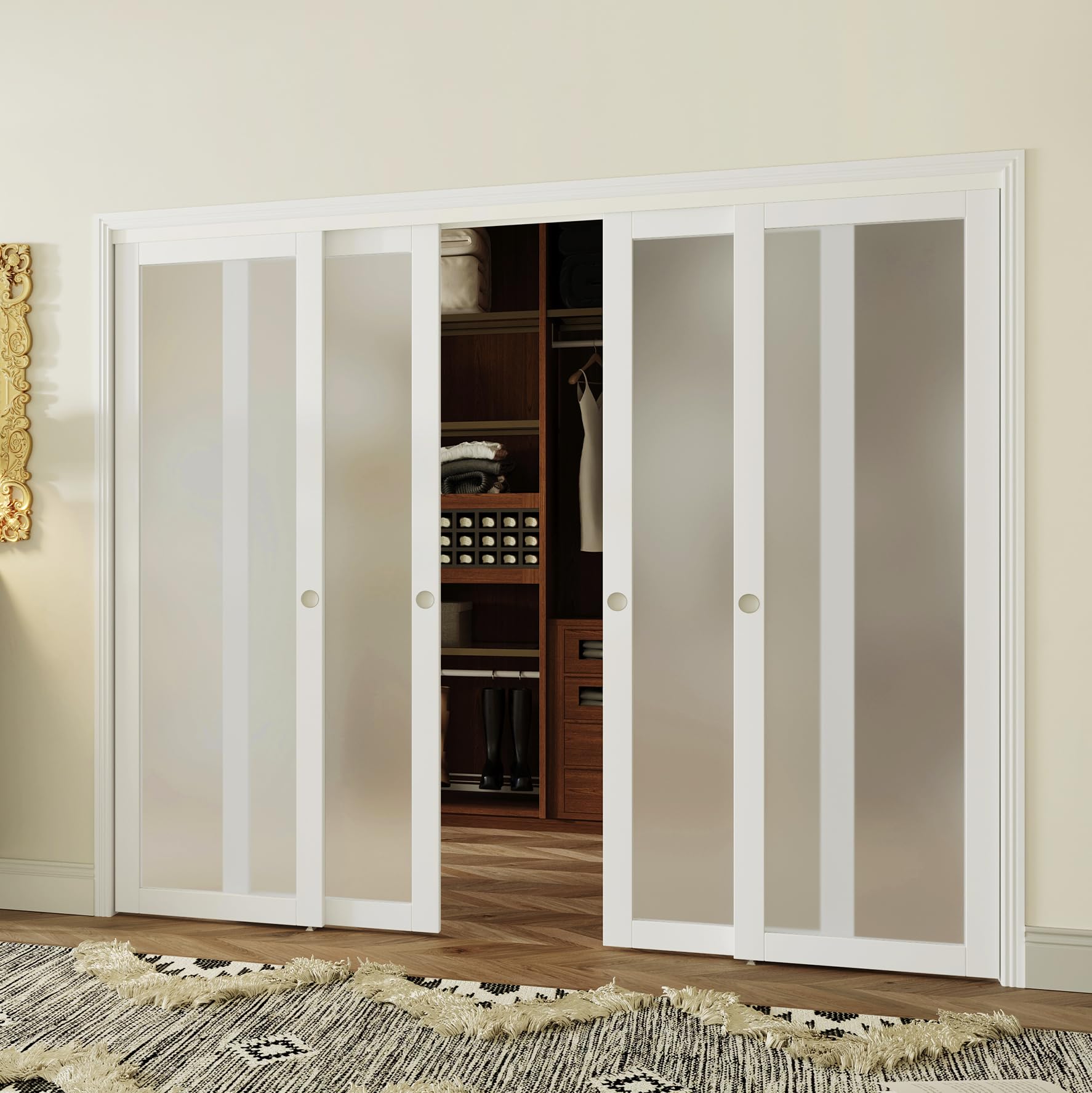 A fully installed SOLRIG Sliding Closet Door with four frosted glass panels in a home setting.