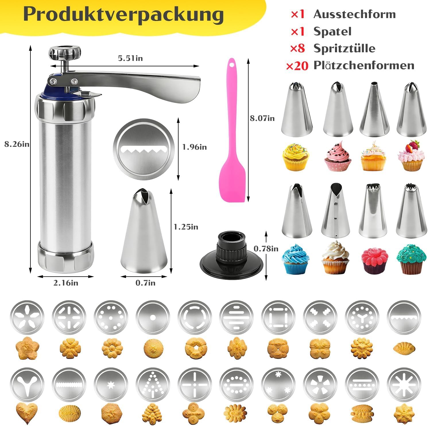 Prasa do ciastek Sparabiscout Strzelanie do ciastek profesjonalna maszyna do ciastek pistolet ze stali nierdzewnej z 20 szablonami i 8 dyszami do dekorowania strzykawki cukierki kruche