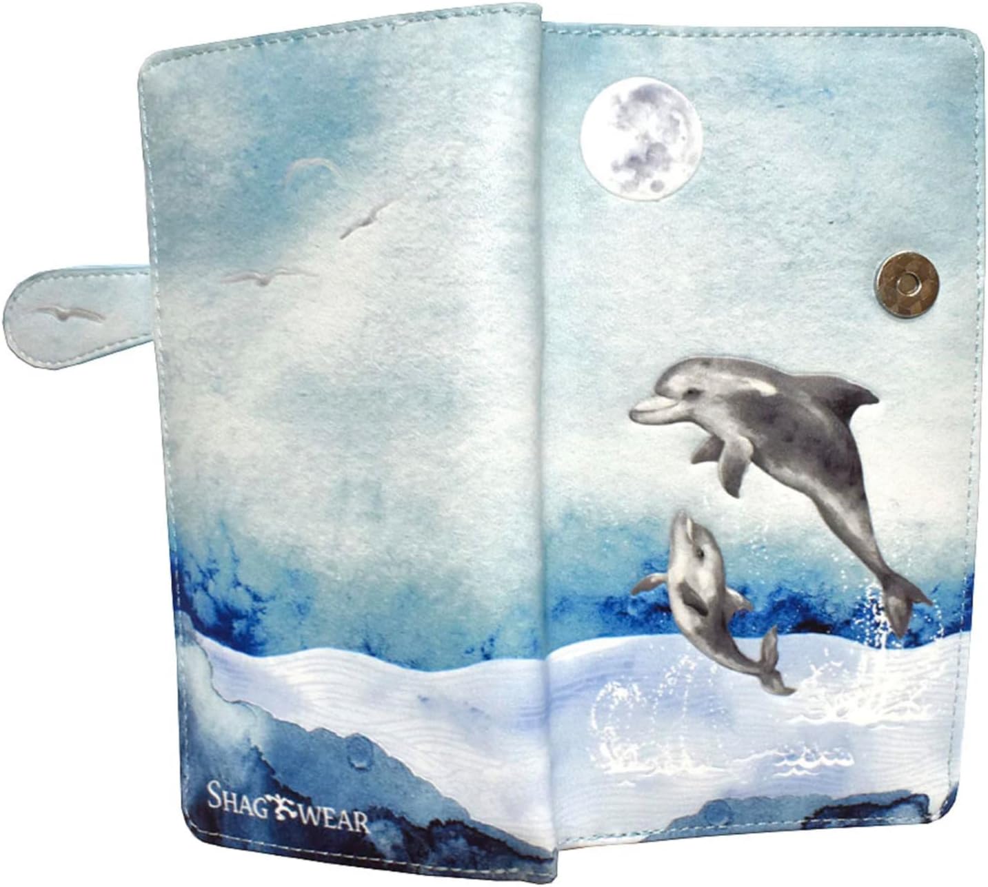 Shag Wear Mystic Dolphin Under Full Moon Large Wallet Vegan Faux Leather Ocean Design Clutch with Card Slots ID Window Coin Pocket 7" Blue