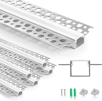 LightingWill 1M 3.3ft 6 Pack Plaster-in LED Profile, Double Flange Aluminium Channel with Milky Diffuser, End Caps & Screws Included, Trimless Recessed LED Strip Channel for Ceiling Wall Drywall