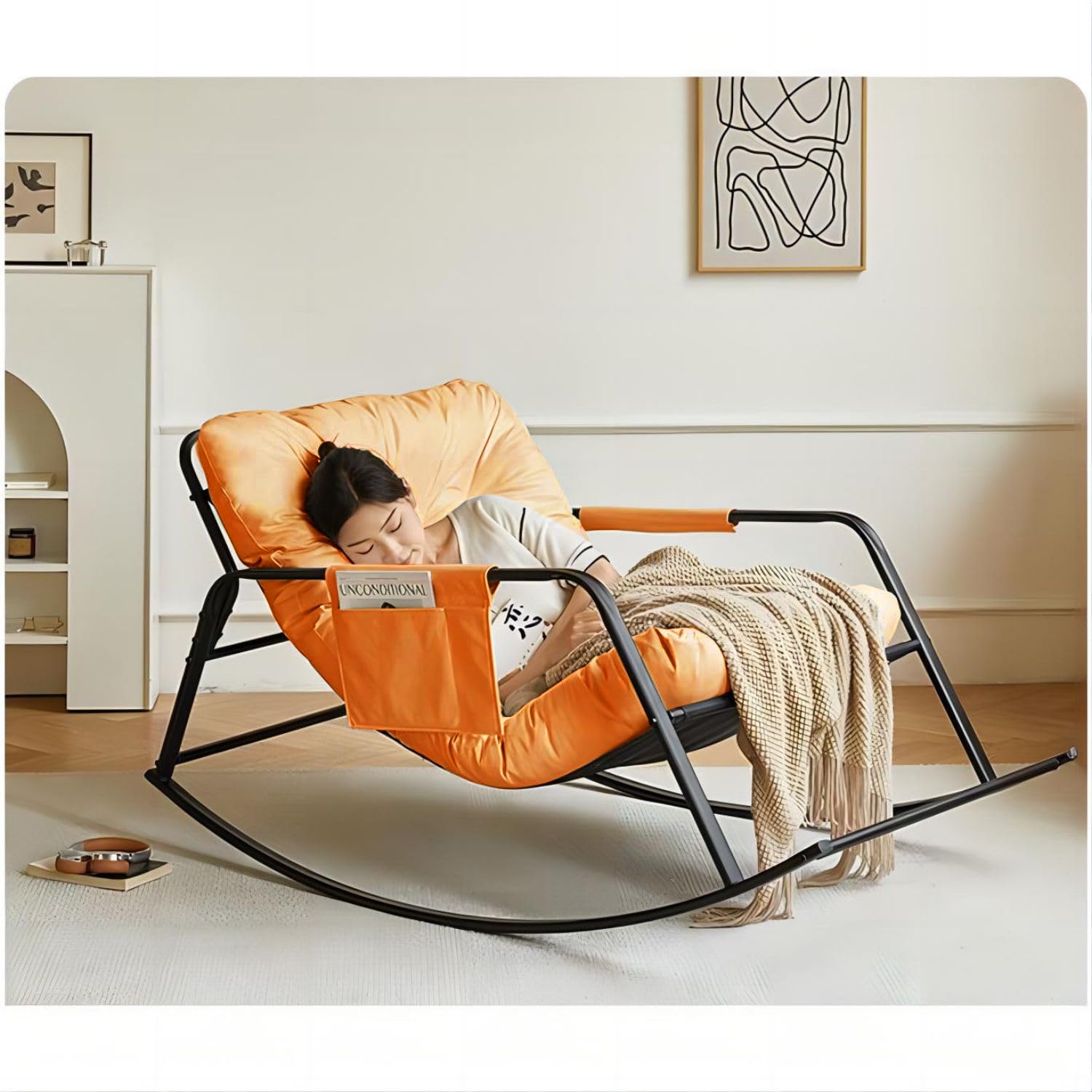 COOLBABY Rocking Chair Modern Style With Reclining Position, Side Pockets Upholstered High Back, Suitable For Balcony Living Room Bedroom & Garden (Orange)