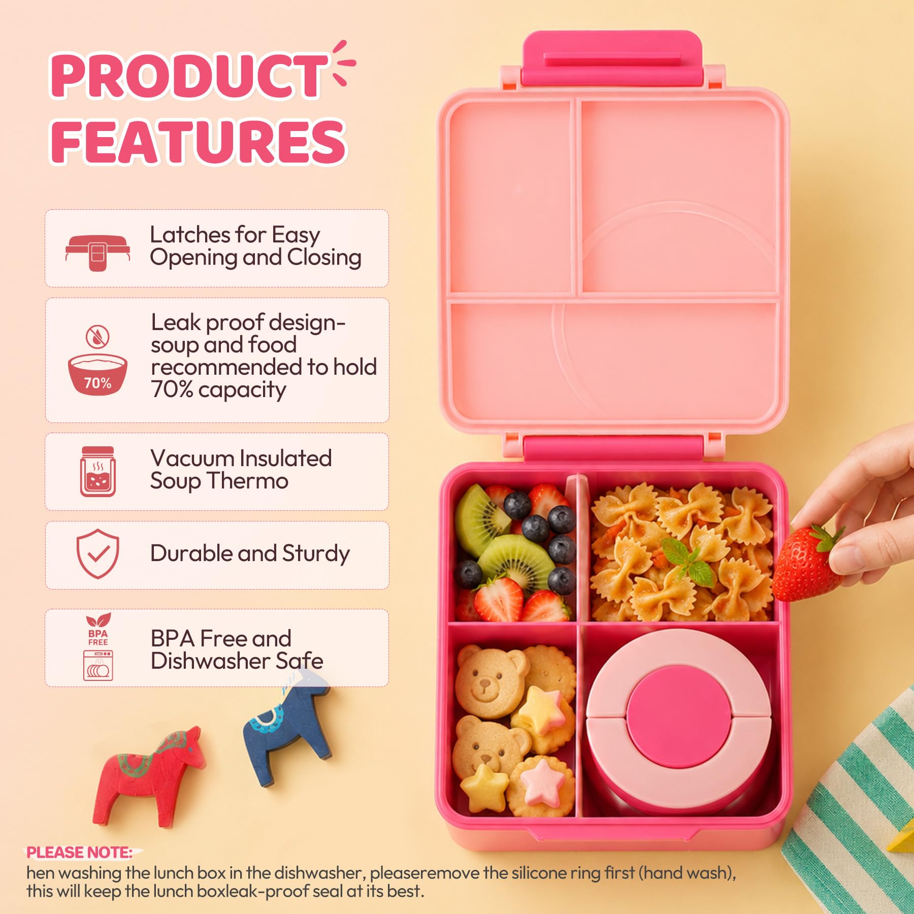 Bento-Lunchbox für Mädchen mit 237 ml Suppen-Thermo- und Lunchtasche, auslaufsichere Lunch-Lebensmittelbehälter mit 4 Fächern, isoliertes Lebensmittelglas für Kinder, Schule (Rosa)