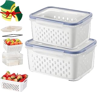 Watermelon Container with Drainage, 4-In-1 Glass Fruit Storage Containers for Fridge - Leakproof Food Storage Containers with Removable Colander, Keep Fruits&Vegetables&Berry&Meat Fresh (Blue, S+M)