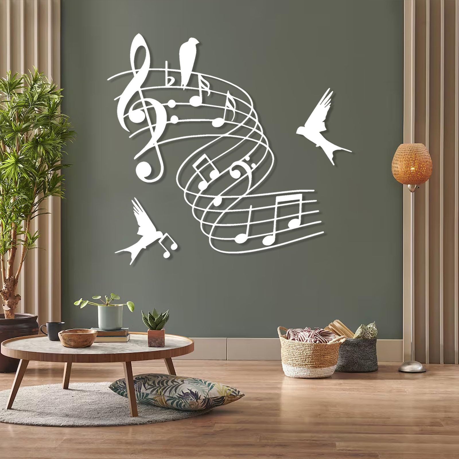 Decoración de pared abstracta contemporánea de metal con motivos musicales y de pájaros, arte musical, decoración musical, arte con partituras de pájaros, letrero temático, obra de arte de estudi