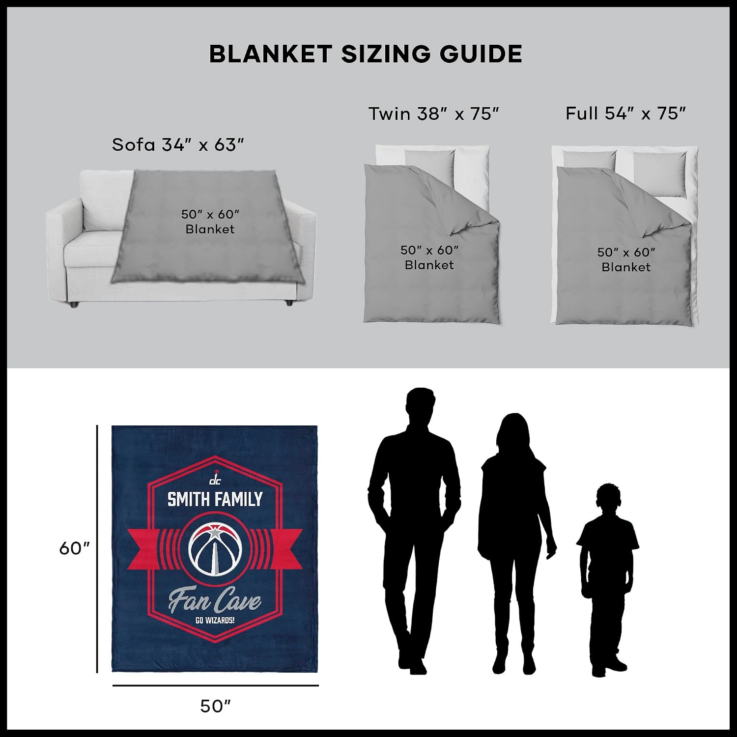 NORTHWEST NBA Washington Wizards, Dominion, Personalized Silk Touch Sherpa Throw Blanket, 50 x 60 Inches