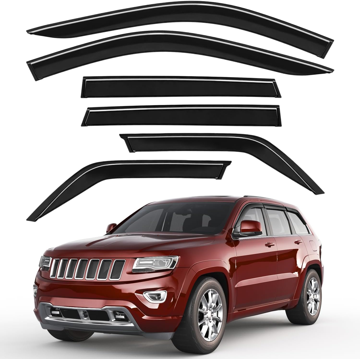 6pcs Outside-Mount Window Rain Guards Fit for 2011-2021 Jeep Grand Cherokee, Extra Durable Window Visors Wind Deflector Dark Smoke Vent Shades Car Tape-on 6-pcs with Thicker