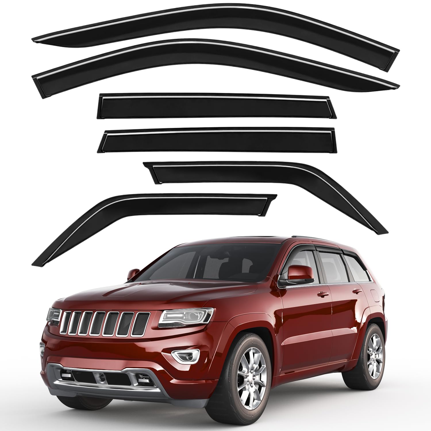 6pcs outside-mount window rain guards fit for 2011-2021 jeep grand cherokee, extra durable window visors wind deflector dark smoke vent shades car tape-on 6-pcs with thicker