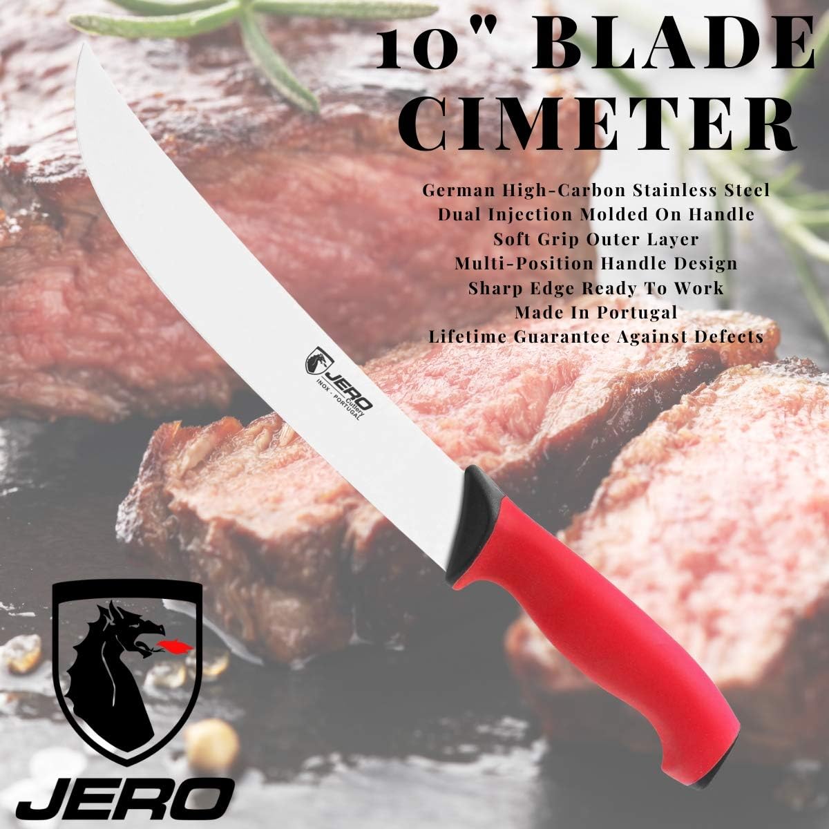 JERO TR Serier 10 Inch Blade Cimeter Butcher Knife - Non-Slip Rubber Like Grip - German Stainless Steel - Commercial Grade Butcher Knife
