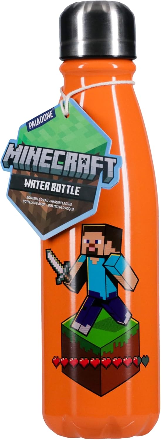 Paladone Minecraft Reusable Aluminium Water Bottle with Screw-Top Lid, 600ml (20 fl oz) – Officially Licensed Gaming Drinkware for Travel, School & Office