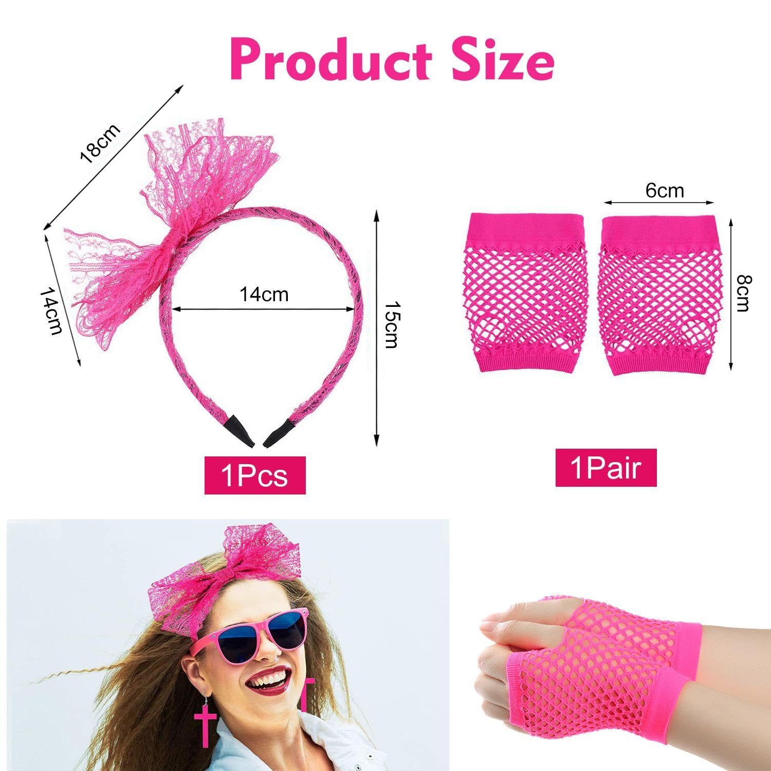1 Piece Lace Bow Headband & Fishnet Gloves, Neon Hair Accessories for Girls 80s Style, Suitable for Parties & Celebrations - Image 2