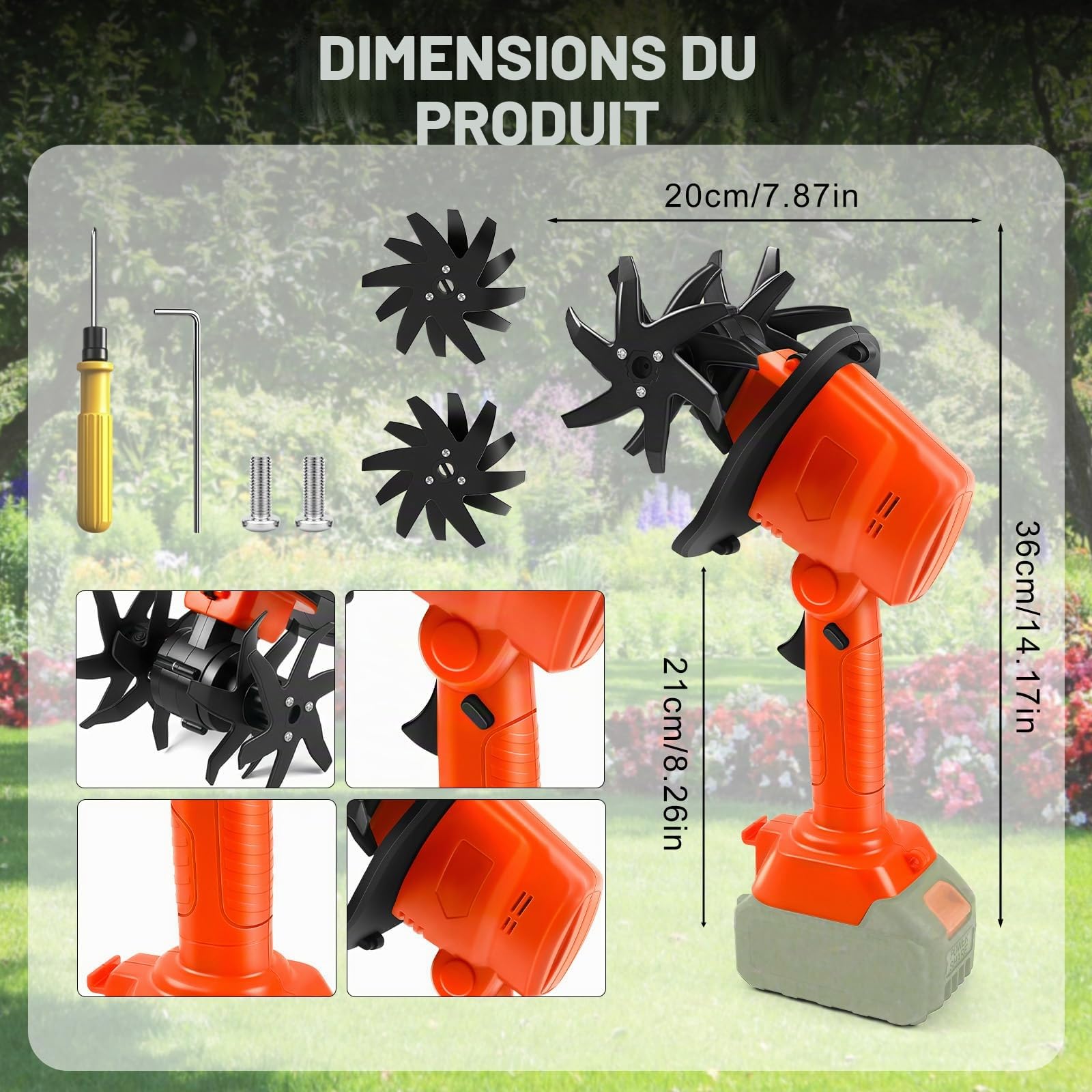 Cultivateur portable sans fil compatible avec batterie Makita 18 V (sans batterie), rotavateur de jardin de 550 W avec profondeur de traitement de 10 cm et largeur de traitement de 10 cm