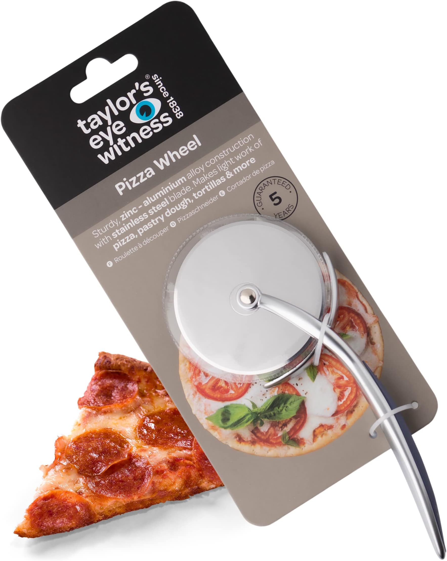 Aluminum Rolling Pizza Cutter Wheel - by Taylors Eye Witness. Blade with Stainless Steel Construction. Dishwasher Safe, Easily Glides Through Tough Dough with Guard to Protect Your Hands, Denim Blue
