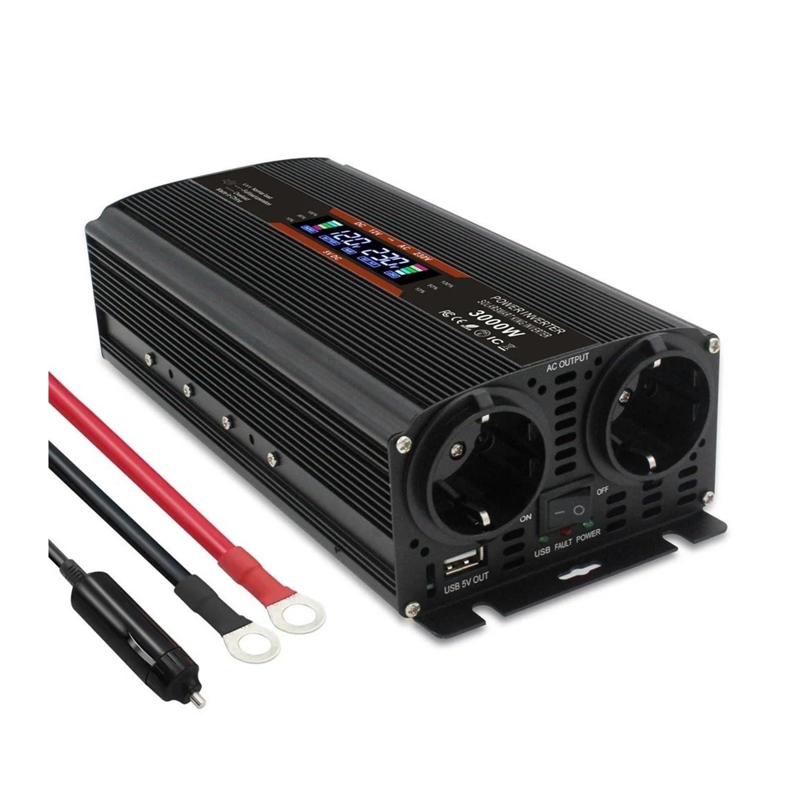 Convertidor Inversor De CC 12 V/24 V A CA 220 V, 230 V Y 240 V, Convertidor De Corriente Portátil para Coche, con Pantalla LCD. Inversor(DC 12V,Black 3000W)