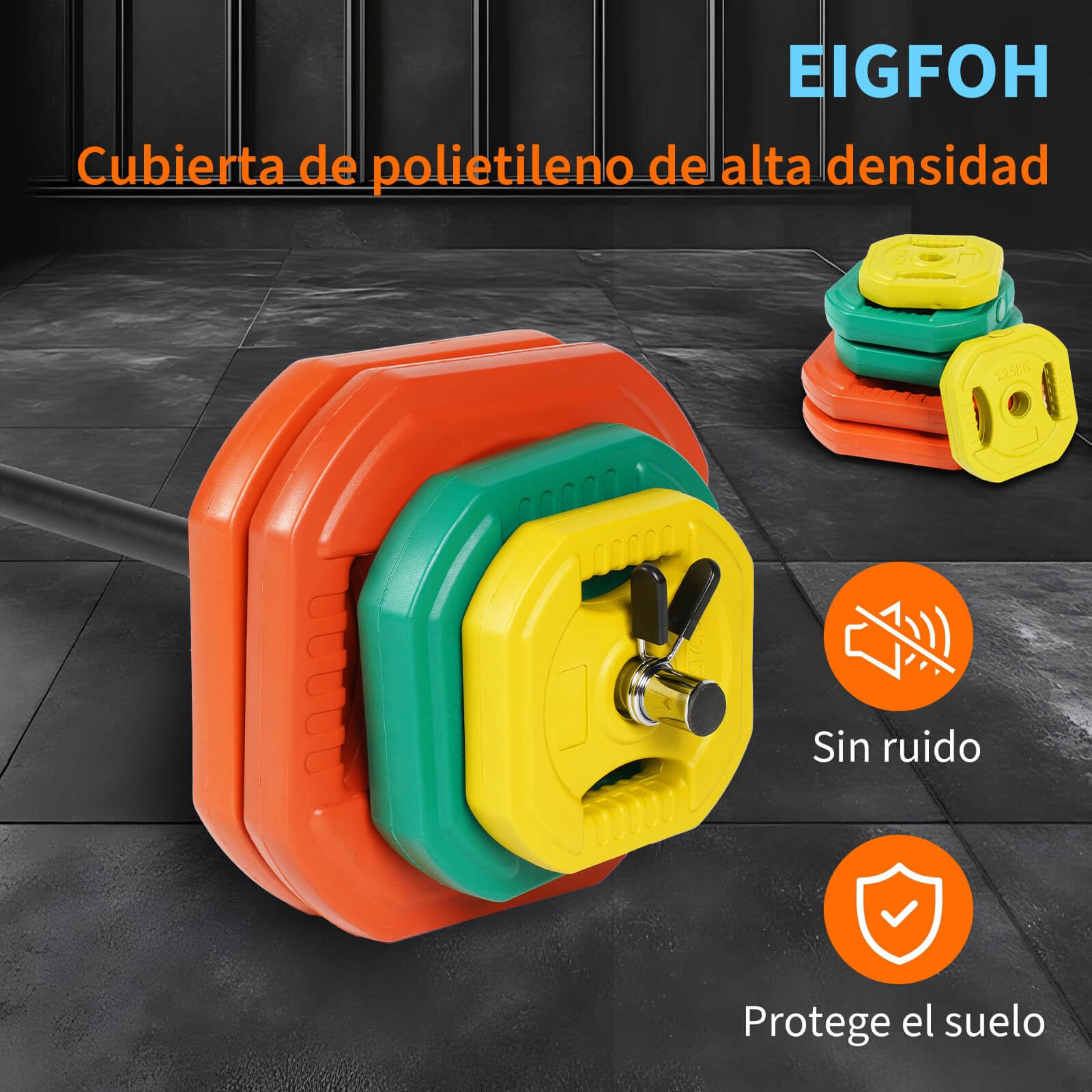 Plástico Set de Pesas con Barra, Discos de Colores de 7.5kg, 5kg, 2.5 kg y 1.25 kg,Juego de Mancuernas de 20/30/40/50kg