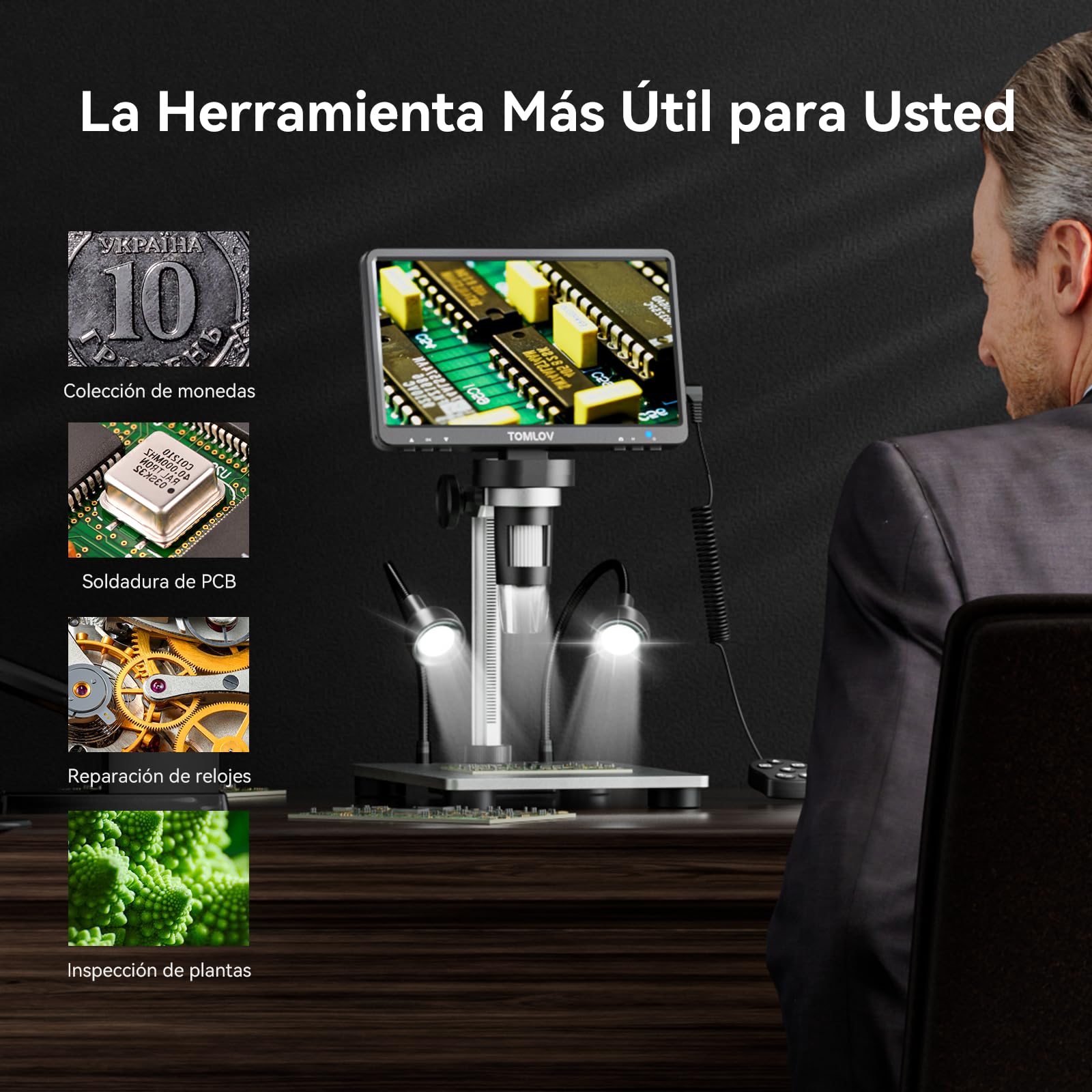 TOMLOV DM9 7" LCD Microscopio Digital 1080P, Cámara de Magnificación 1200X para Piezas con Pantalla HD, 12MP Enfoque de Ultra Precisión, Soporte Metálico, Luz LED, Compatible PC/Windows/Mac OS, 32GB