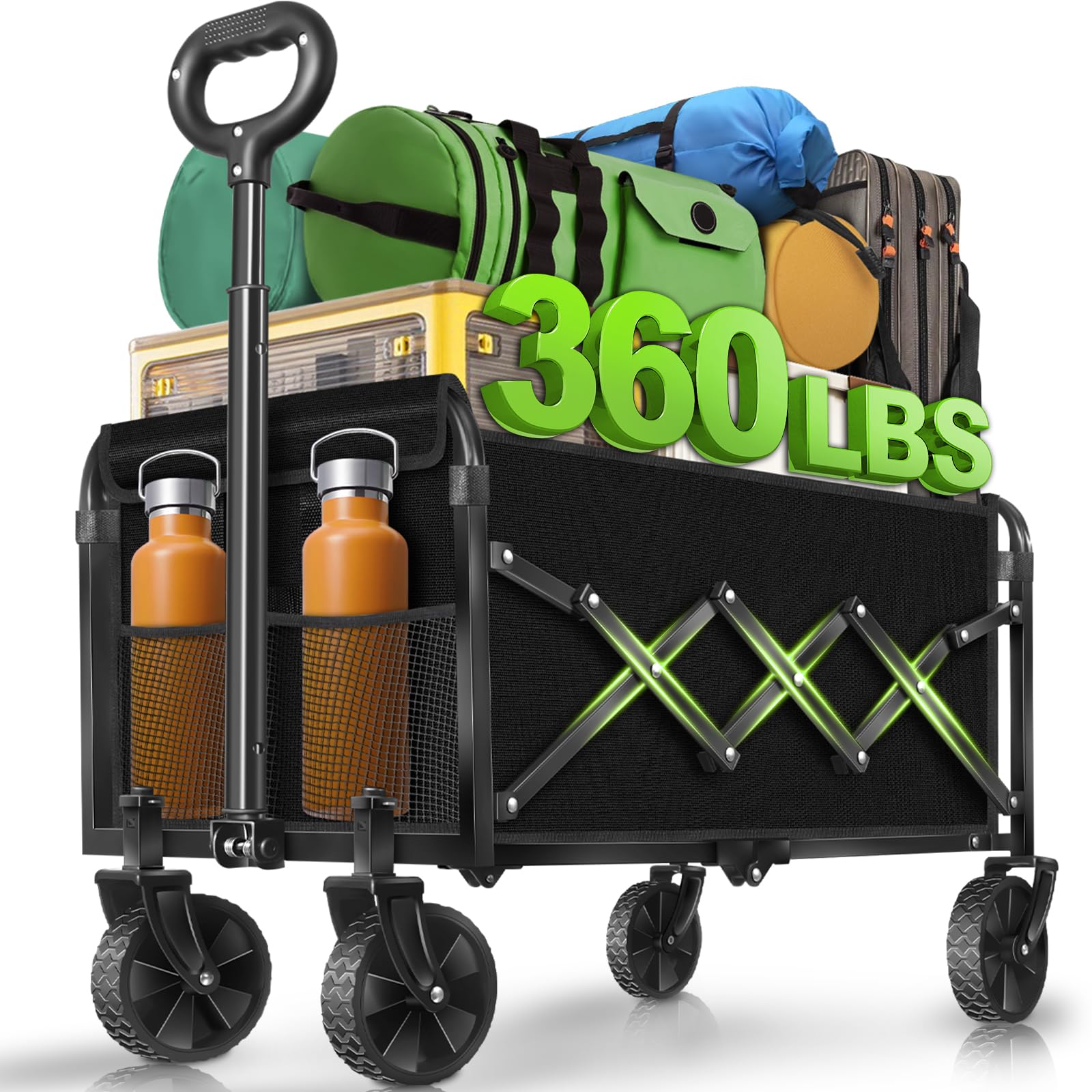 Wagons Carts Foldable, 360LBS Heavy Duty Collapsible Wagon Cart with Wheels, Portable Folding Utility Cart with Adjustable Handle & Cup Holder for