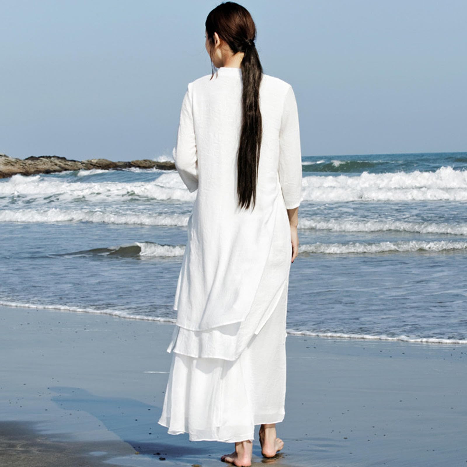 Conjunto de Ropa de Tai Chi para Mujer, Traje Tradicional Chino de Kung Fu, Algodón y Lino, Mangas Tres Cuartos, Uniforme de Artes Marciales para Meditación Zen Wing Chun,White-L