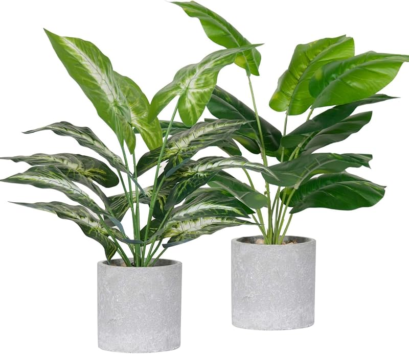 2 Pack 16" Indoor Fake Plants Sage Green for Office Desk Decor | Tropical artificial plants，bendable leaves，sized for desk shelf bathroom and home decor，no watering needed，fade resistant