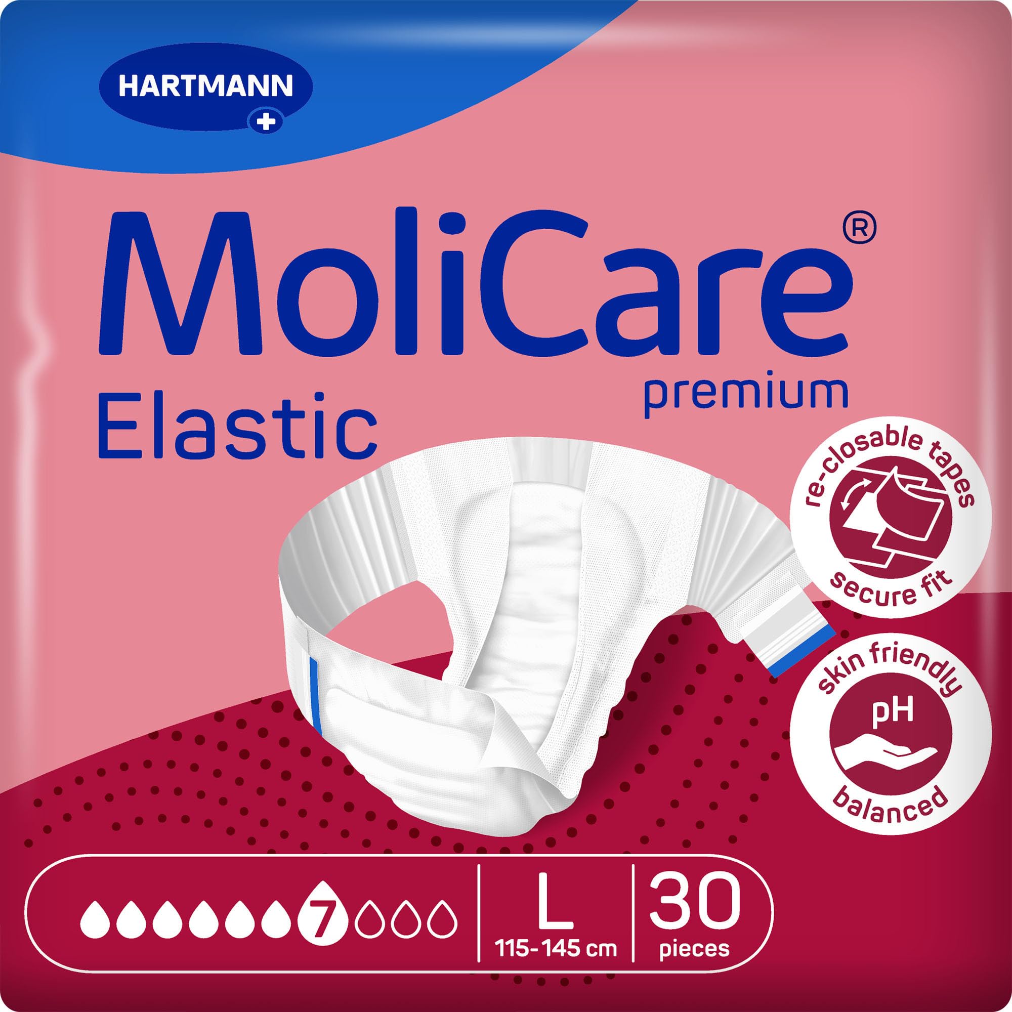 MoliCare Premium Elastic Adult Nappies – 7 Drops | High-Absorbency Disposable Diapers for Men and Women with Severe Incontinence | Size L | Pack of 30