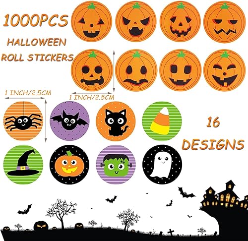Miniatura 5 de 1000 calcomanías de rollo de Halloween, calcomanías de sello redondo, calcomanías de Halloween, calabaza, murciélago, araña, calcomanías de 1