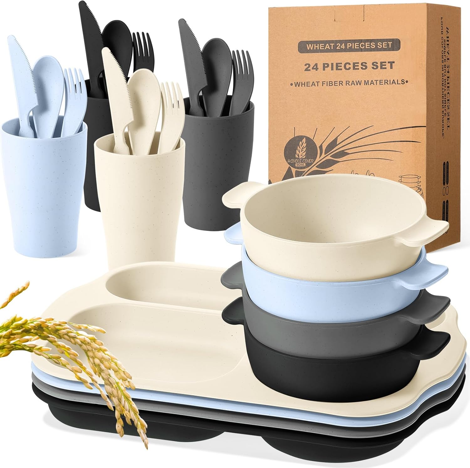 24 Pcs Wheat Straw Dinnerware Cutlery Set for Kids Toddler Aldult Including Divided Plates Microwave Dishwasher Safe Bowl Unbreakable Tableware Straw Cutlery Spoon Knife Fork(Vivid Color)