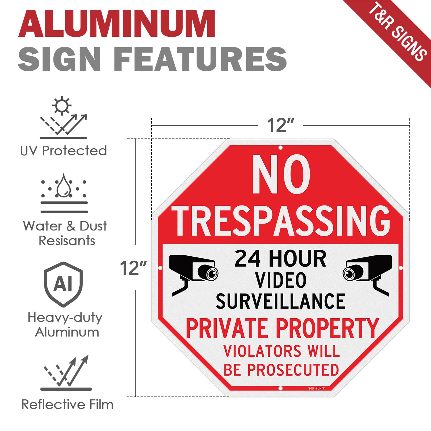 T&R Letrero grande de vigilancia de propiedad privada con texto en inglés "No Trespassing Private Property", paquete de 4, 12 x 12 pulgadas, aluminio pesado libre de óxido, reflectante, impermeable