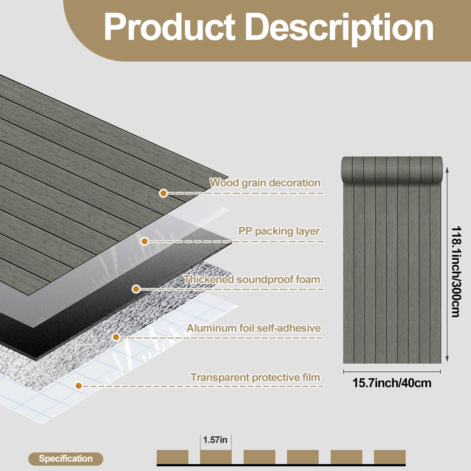 Thick Wood Slat Wall Panels, Modern 3D Peel and Stick, 15.75"x118" Self-Adhesive Accent Wall with Sound Dampening for TV Wall and Ceiling, Bedroom, Home Office, Dark Grey, 13 Sq Ft