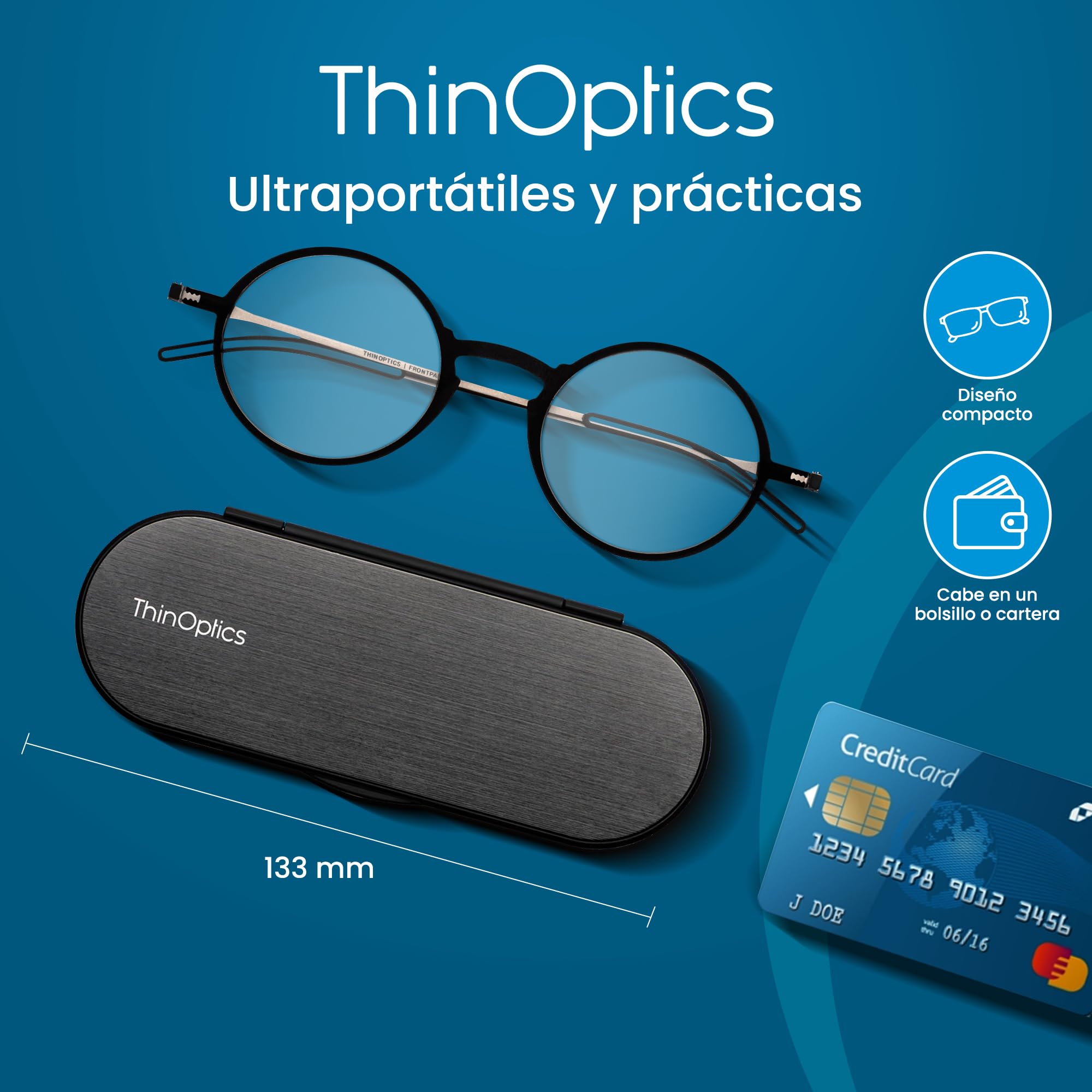 ThinOptics Manhattan Gafas de lectura redondas, unisex, para hombre y mujer, ultradelgadas, compactas y ligeras, con funda magnética Milano | Gafas de lectura plegables y compactas para hombre y mujer, siempre a mano, tecnología Flex-Fit, para llevar en e