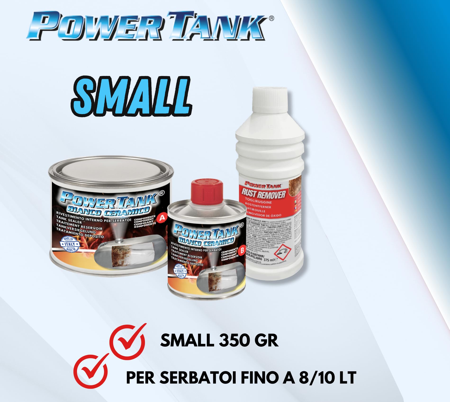 POWER TANK Bianco CERAMICO Trattamento Serbatoio Moto (8/10 Litri) Kit Piccolo Small 350 gr per Interno Serbatoi Elimina la Ruggine Ripara Protegge Arrugginito da Moto Vespa d'Epoca con Antiruggine