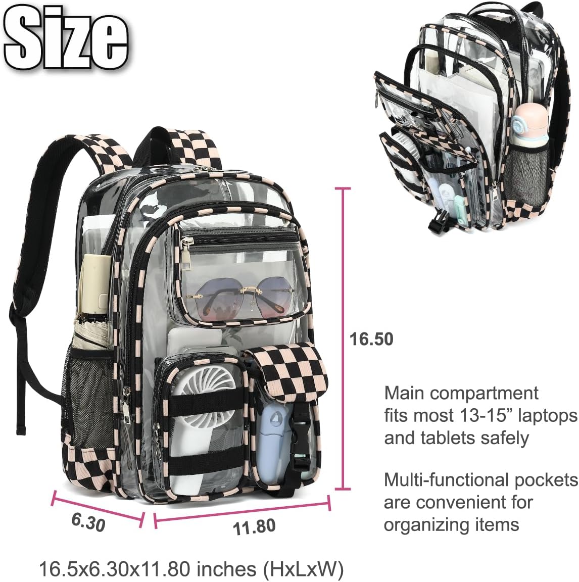 Checkered Clear Backpack for Boys Girls Heavy Duty Clear Bookbag, Transparent PVC Backpacks for School, Travel, Stadiums, Concerts & Everyday Use-Black Khaki