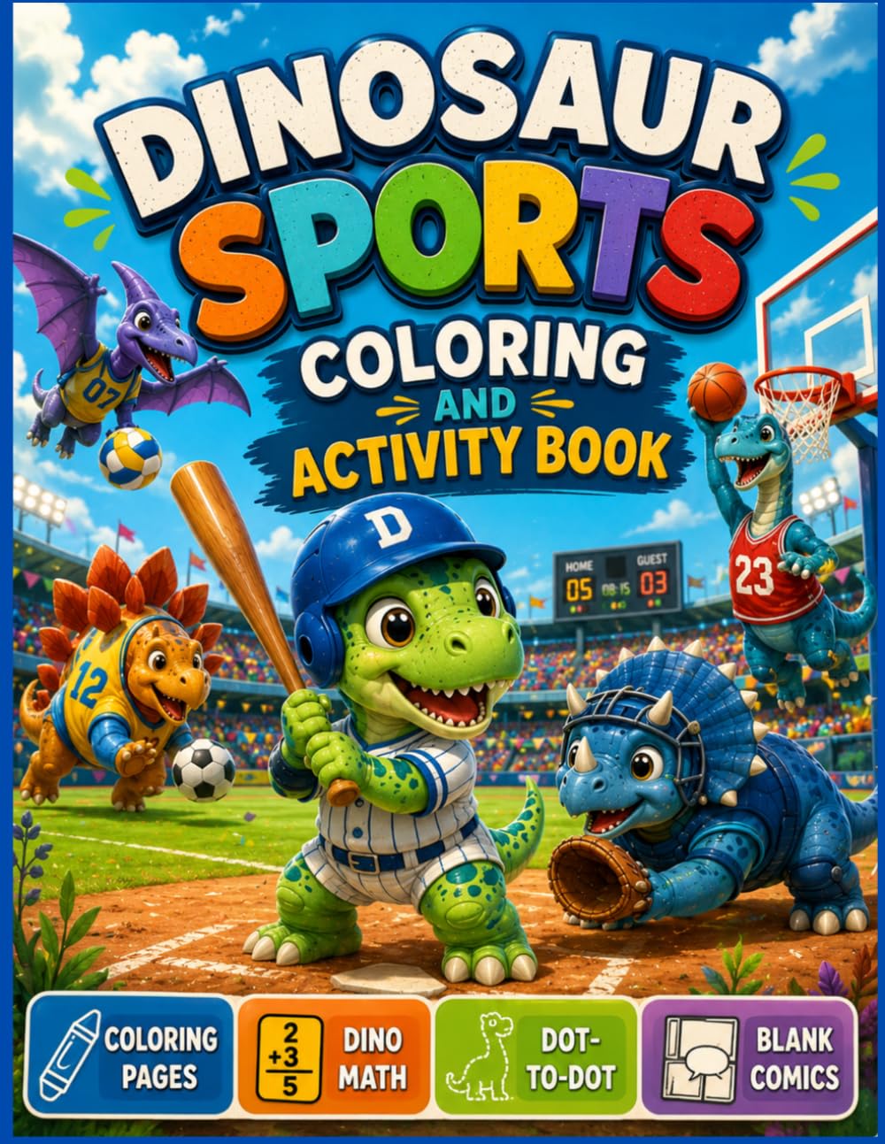 Dinosaurs in Sports: Coloring Book and Blank Comic Book for Kids 4-9 Ages, 80 Pages, 8.5 x 11 Inches