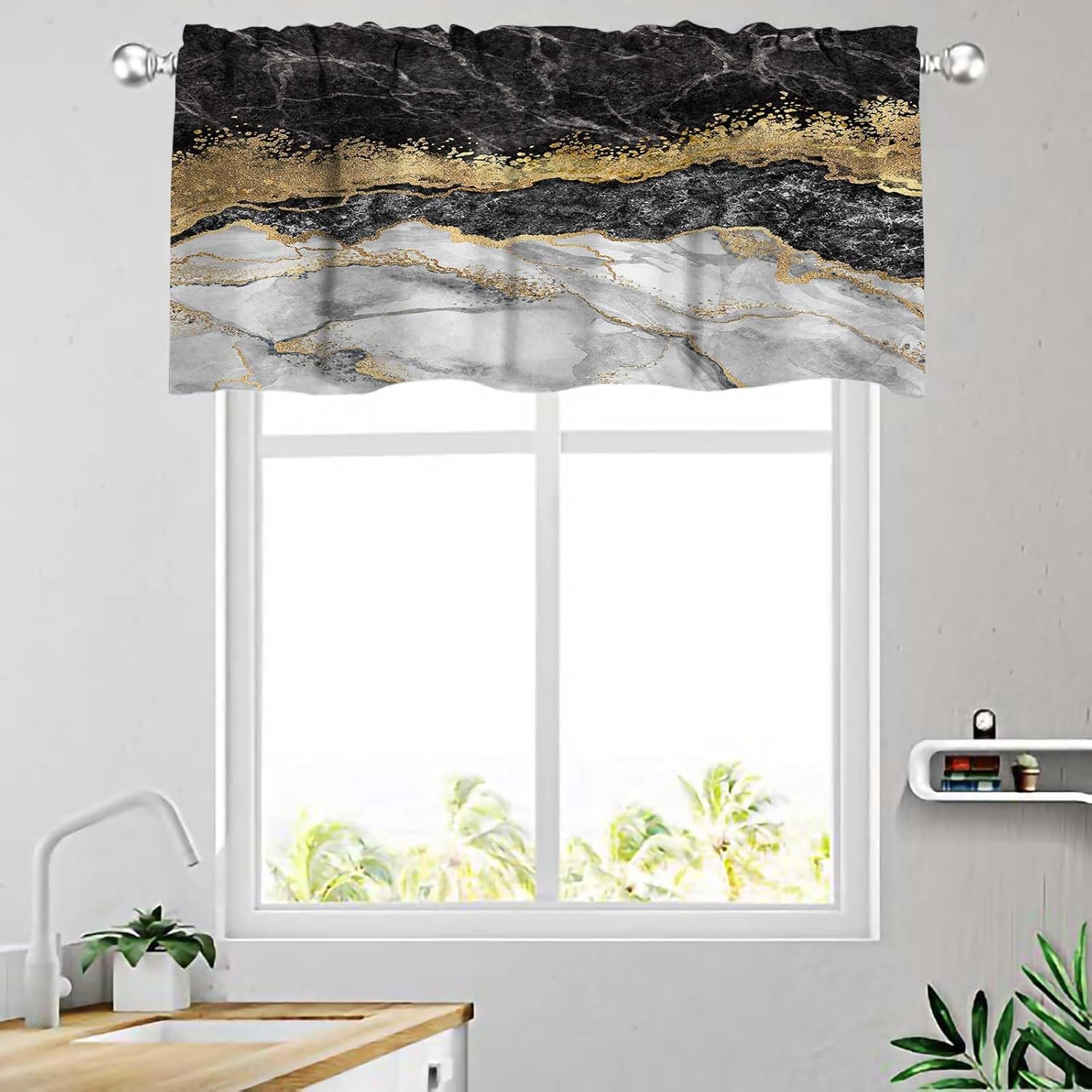 CAPSCEOLL Window Valance Abstract and Gold Foil Rod Pocket Blackout Valance Curtains Marbling Window Treatments Valances for Living Room Bedroom Bathroom (52x18 Inch, 2 Panels)
