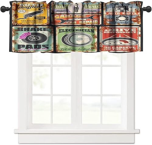 Cortina de cenefa de estilo vintage para garaje o servicio de reparación de automóviles, bandera de metal oxidado. Taller de mecánica de vehículos,