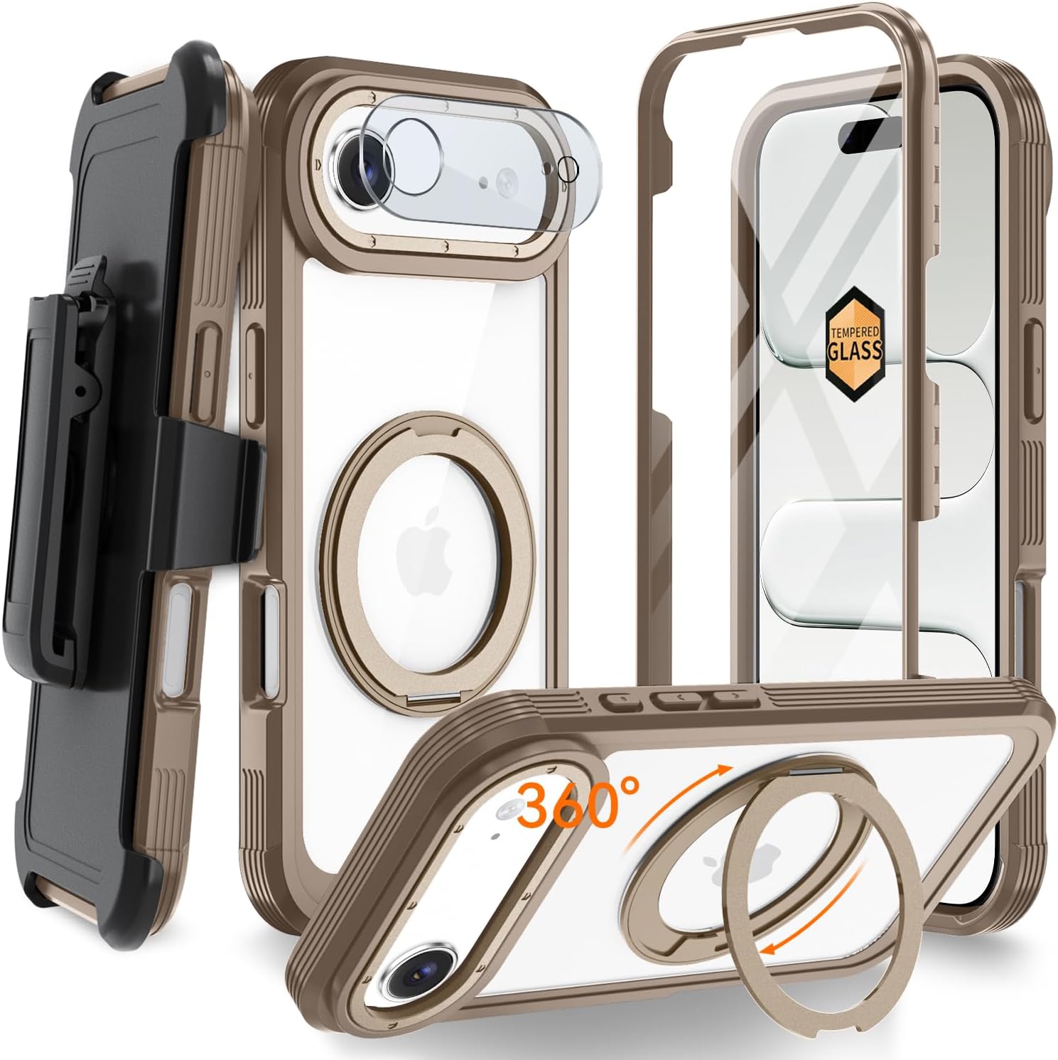 Magnetic for iPhone Air Case, Compatible with MagSafe, Full Body Rugged Case with Built-in Screen Protector & Kickstand & Belt-Clip (Gold)