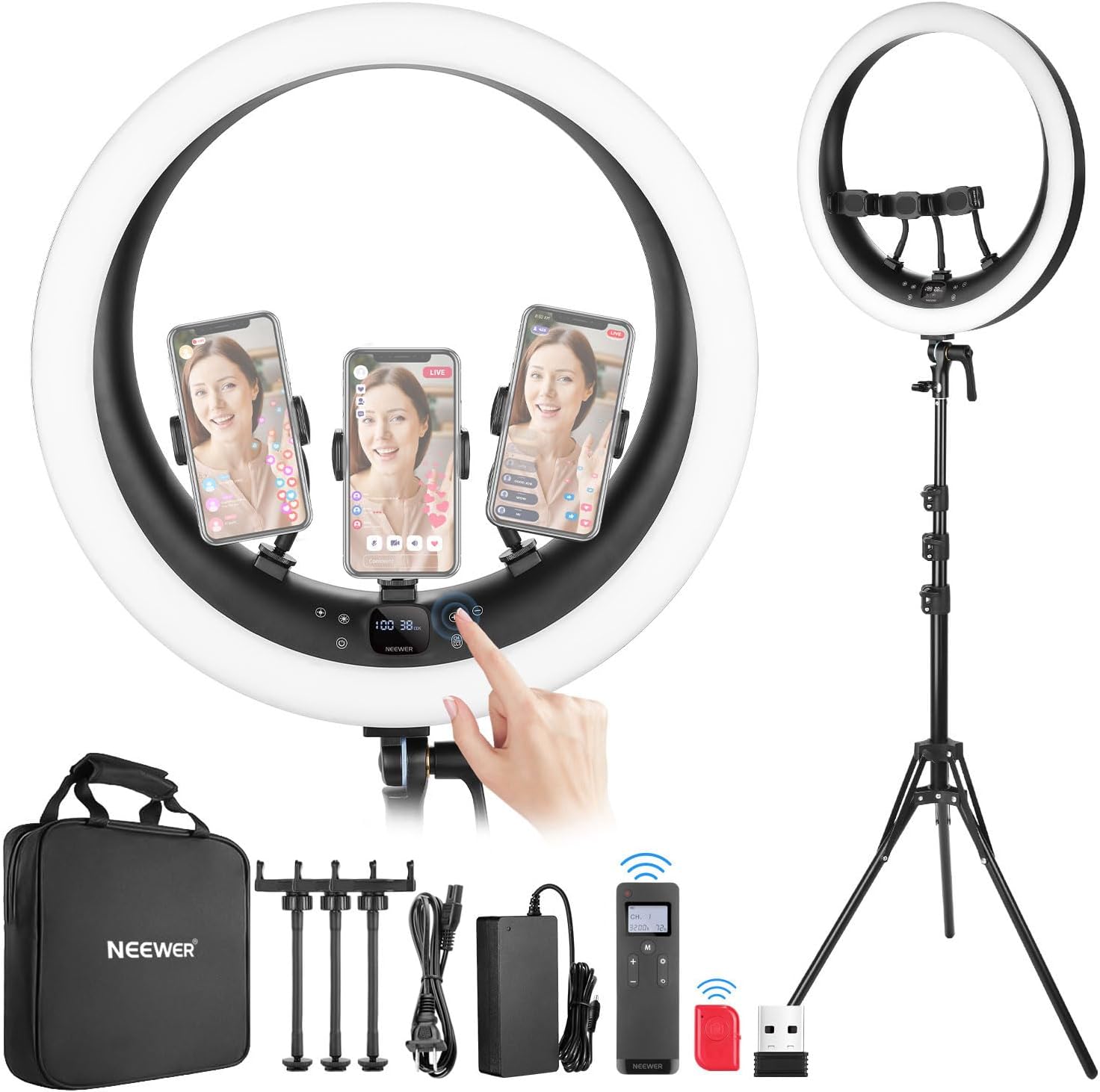 neewer 19 inch 2.4g ring light with stand, 3 phone holders, 2.4g usb transmitter for mac/pc remote control, touch panel, smooth dimming at 1%, 3200k-5600k for selfie tiktok live streaming zoom, rp19h rp19h w/ 2.4g transmitter&remote shutter