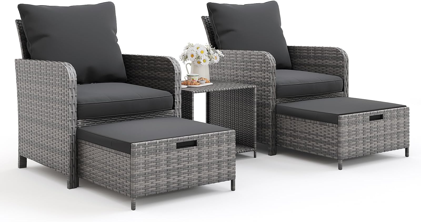 UDPATIO Wicker Patio Chairs with Ottoman Balcony Furniture 5 Pieces Patio Conversation Set with Pull Out Ottoman for Small Space