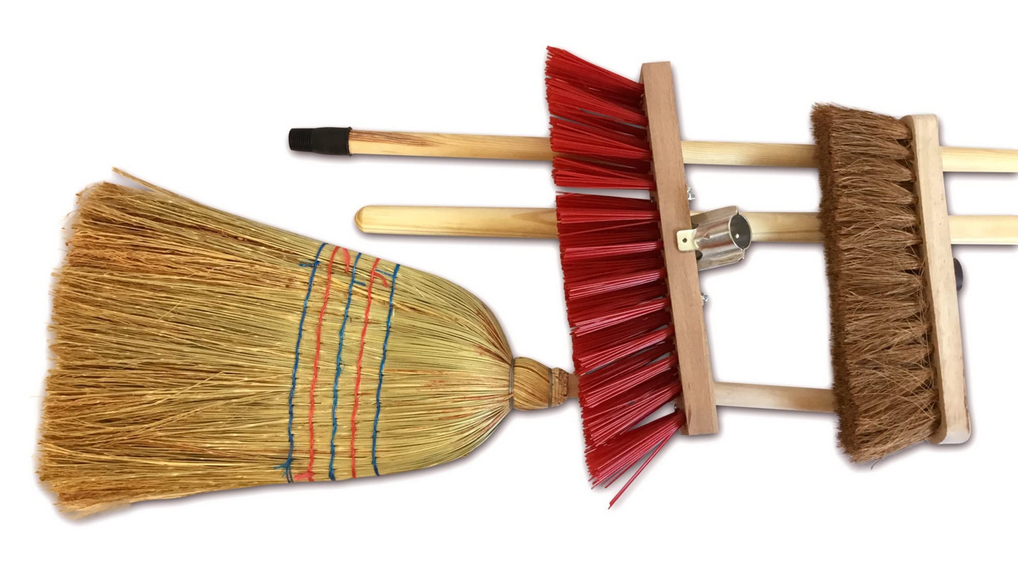 Lot De 3 Ensembles De 3 Balais D'extérieur | Cantonnier Brosse PVC 32 Cm | Fibres De Coco Naturel 29 Cm | Paille De Riz 35 Cm | Manches Bois | Kibros
