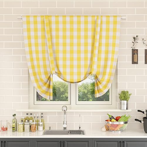 Miniatura 12 de Cortina ajustable con cenefa para ventana de cocina Buffalo Check, a cuadros, gingham, estilo granja, con bolsillo para barra, para baño, 42 x 45
