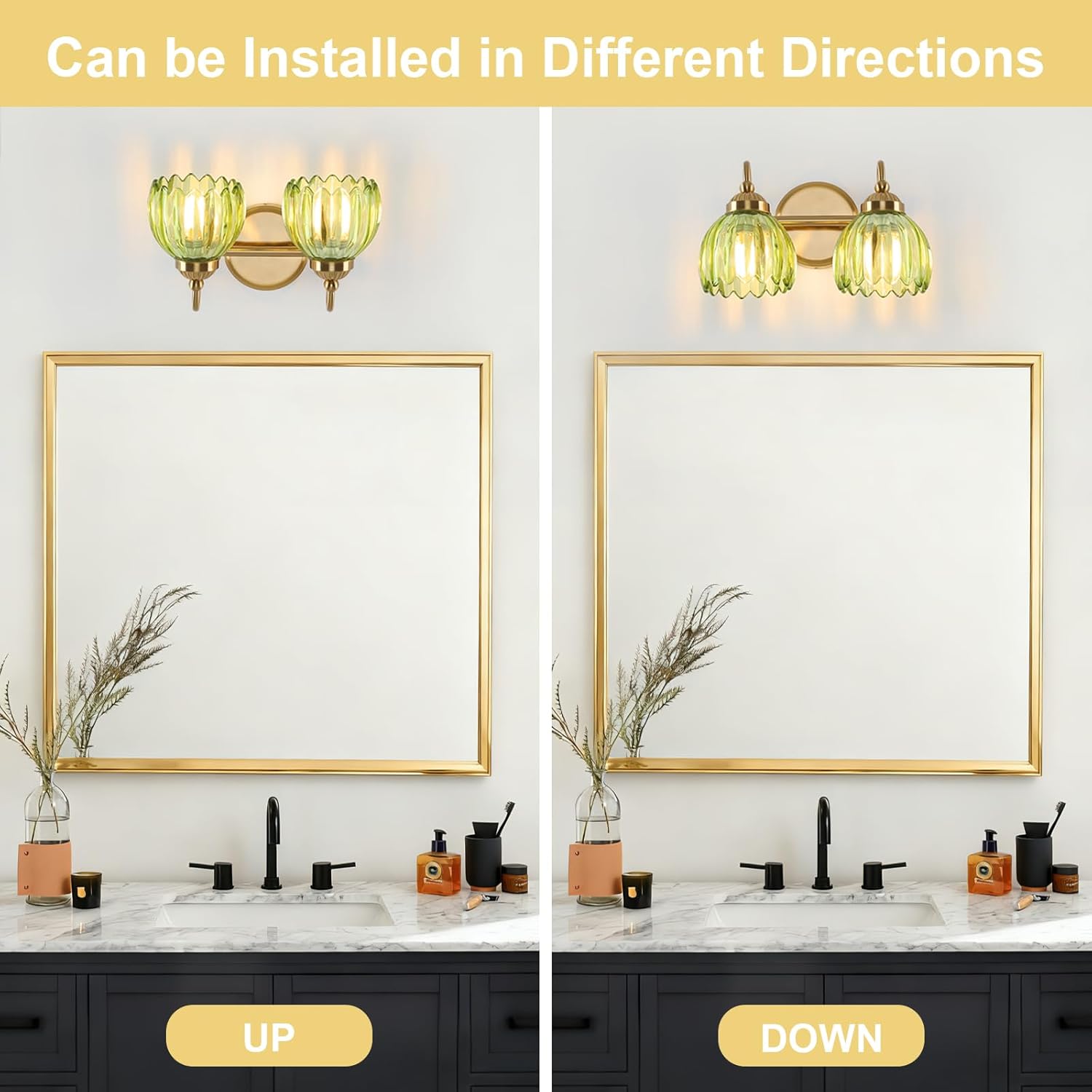 Vintage Bathroom Light Fixtures, Brass Vanity Lights with Green Tulip Glass Shade, Vanity Sconces for Bathroom Bedroom Living Room Hallway, 2-Light