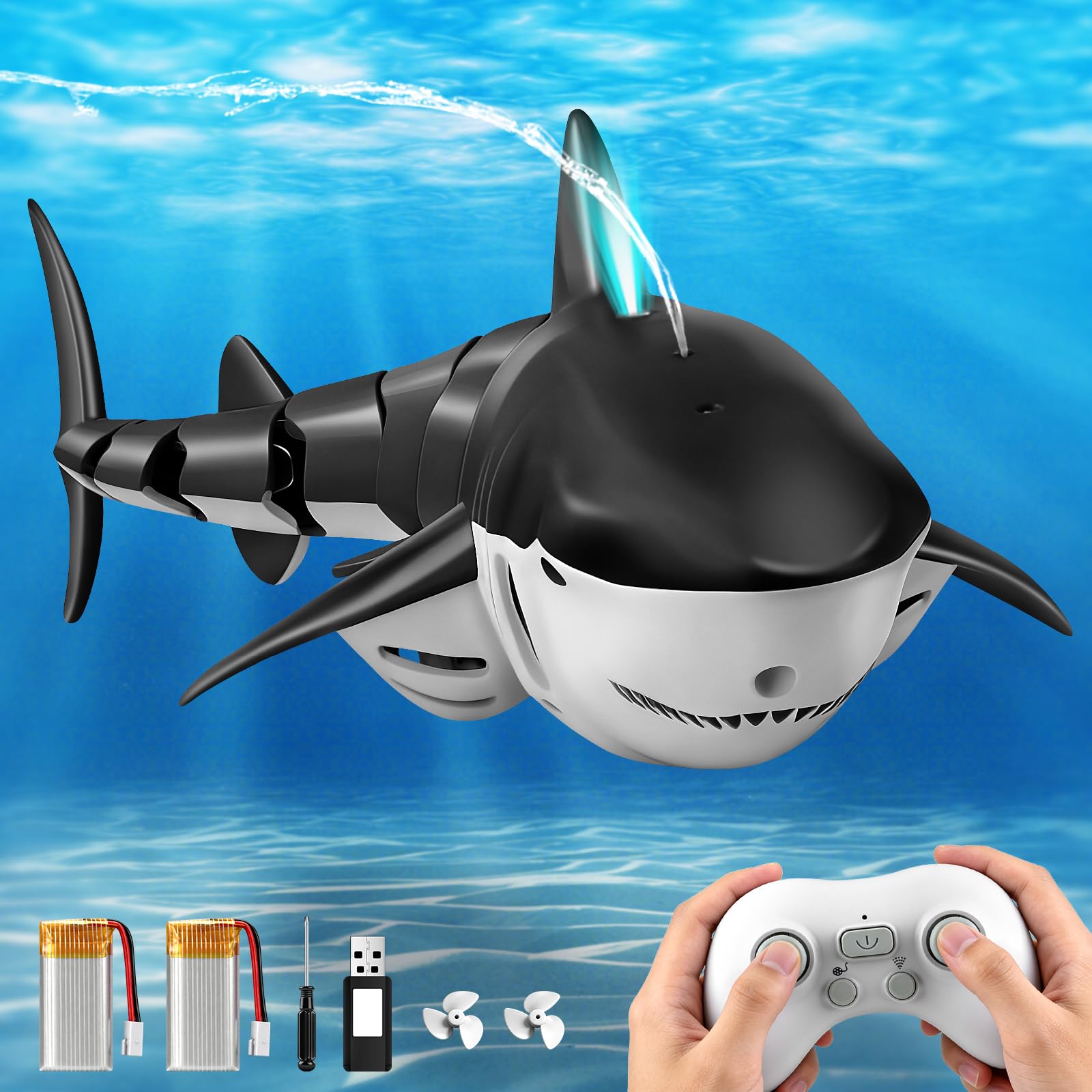 YOOHBERRYS Ferngesteuerter Hai, 2.4GHz Hai Spielzeug, Ferngesteuertes Hai-Boot mit Licht- und Wassersprühfunktion, Pool Spielzeug Geschenk für 6+ Jahre Junge Mädchen (Grau)