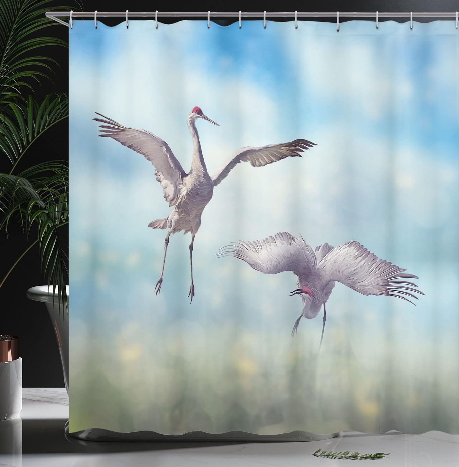 Ambesonne Cranes Shower Curtain, Sandhill Birds in Florida Wetlands Exotic Beach Spouse Digital Art, Cloth Fabric Bathroom Decor Set with Hooks, 69" W x 75" L, Azure Blue Purple Grey