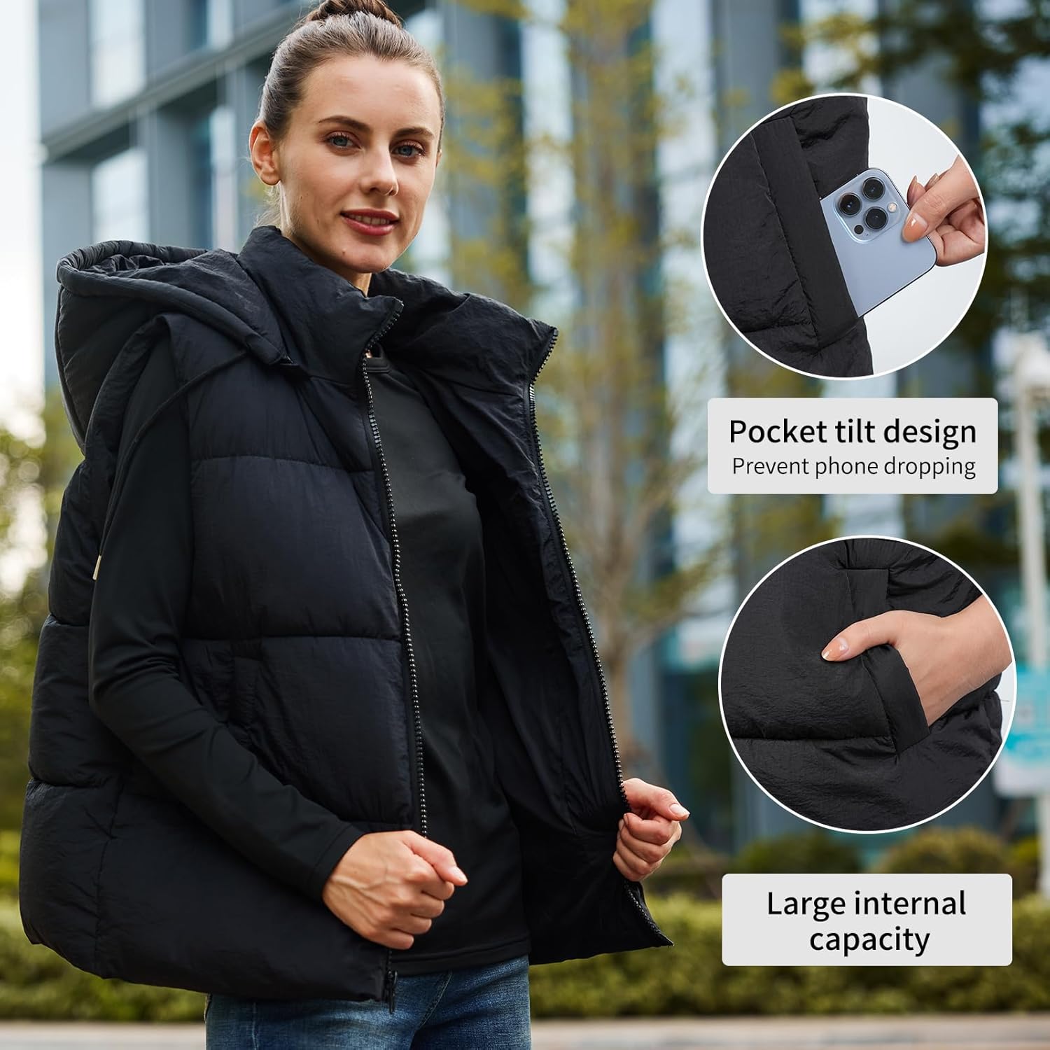 Women'S Puffer Vest With Pockets Thicken Zip Up Removable Hooded Sleeveless Winter Stand Collar Warm Gilet - Image 3