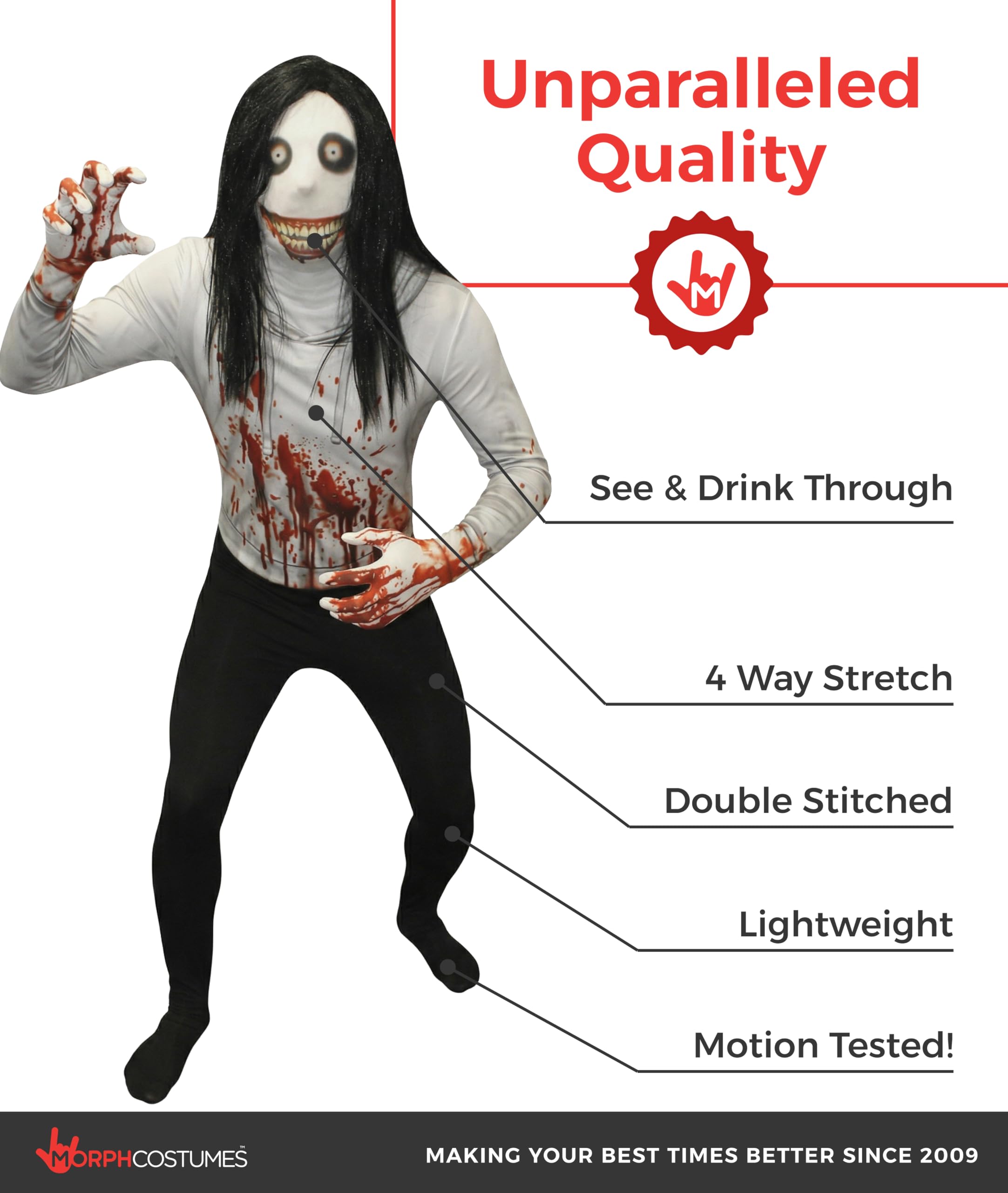 Morphsuit kostium Jeff The Killer dla dorosłych, przebranie potwora, Halloween i karnawał - XL (176-185 cm)