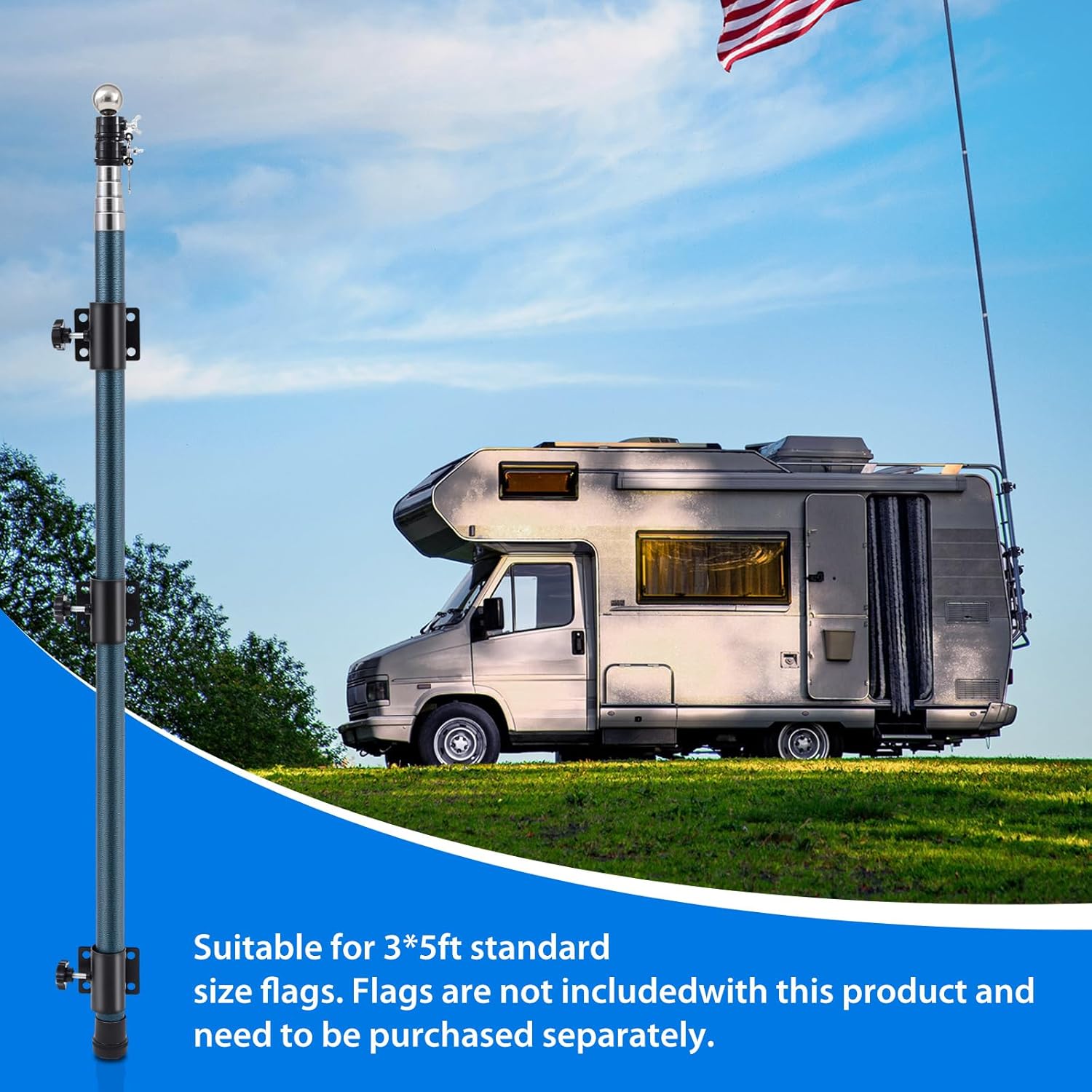 16 ft RV Telescoping Flag Pole Kit, Fiberglass Ladder Telescopic Flag Pole Adjustable Heavy Duty Portable Flagpole for Tailgate Party, Camping, Trailer, Camper, Outdoor Patriotic Display