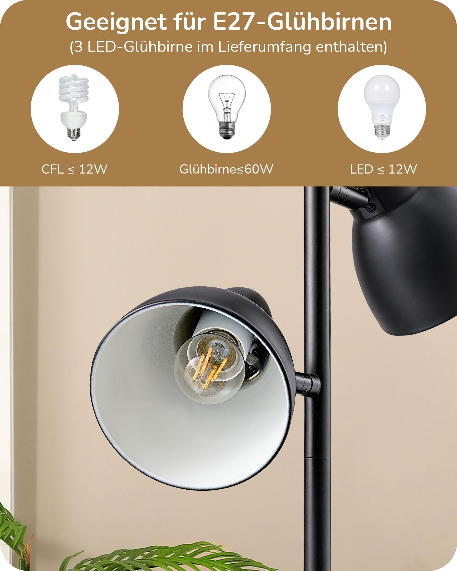 EDISHINE Lampa podłogowa do salonu, wychylna, 3 światła, ściemniana dioda LED | 2700 K ciepła biel, oprawka E27, z pojedynczym przełącznikiem, lampa podłogowa 163 cm do sypialni i biura, czarna