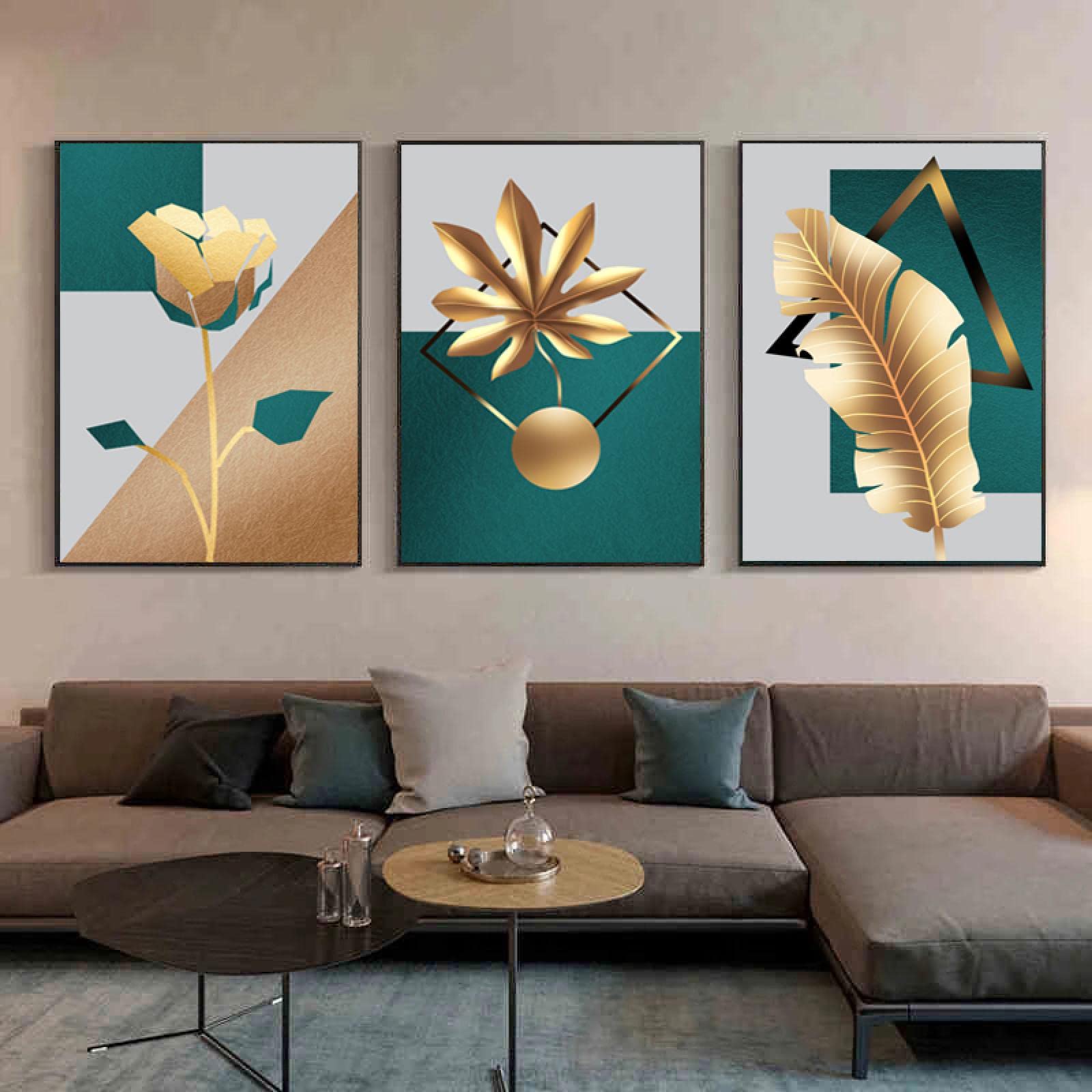 Tableau abstrait feuilles d'or impression sur toile haute définition triptyque 60x80cm - 8