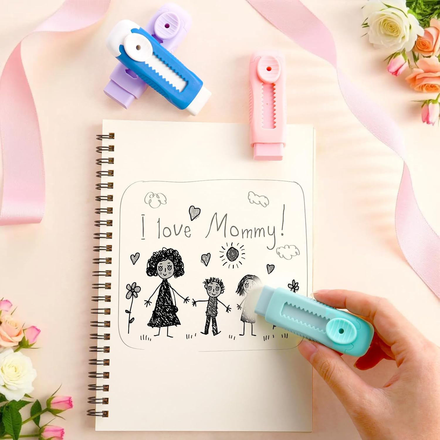 4 Pcs Rubber Erasers Sliding Retractable Eraser Soft Cute Erasers Push Pull Large Pencil Eraser for Students Kids, School Office Home Supplies 4 Colors (Green Pink Purple Blue)