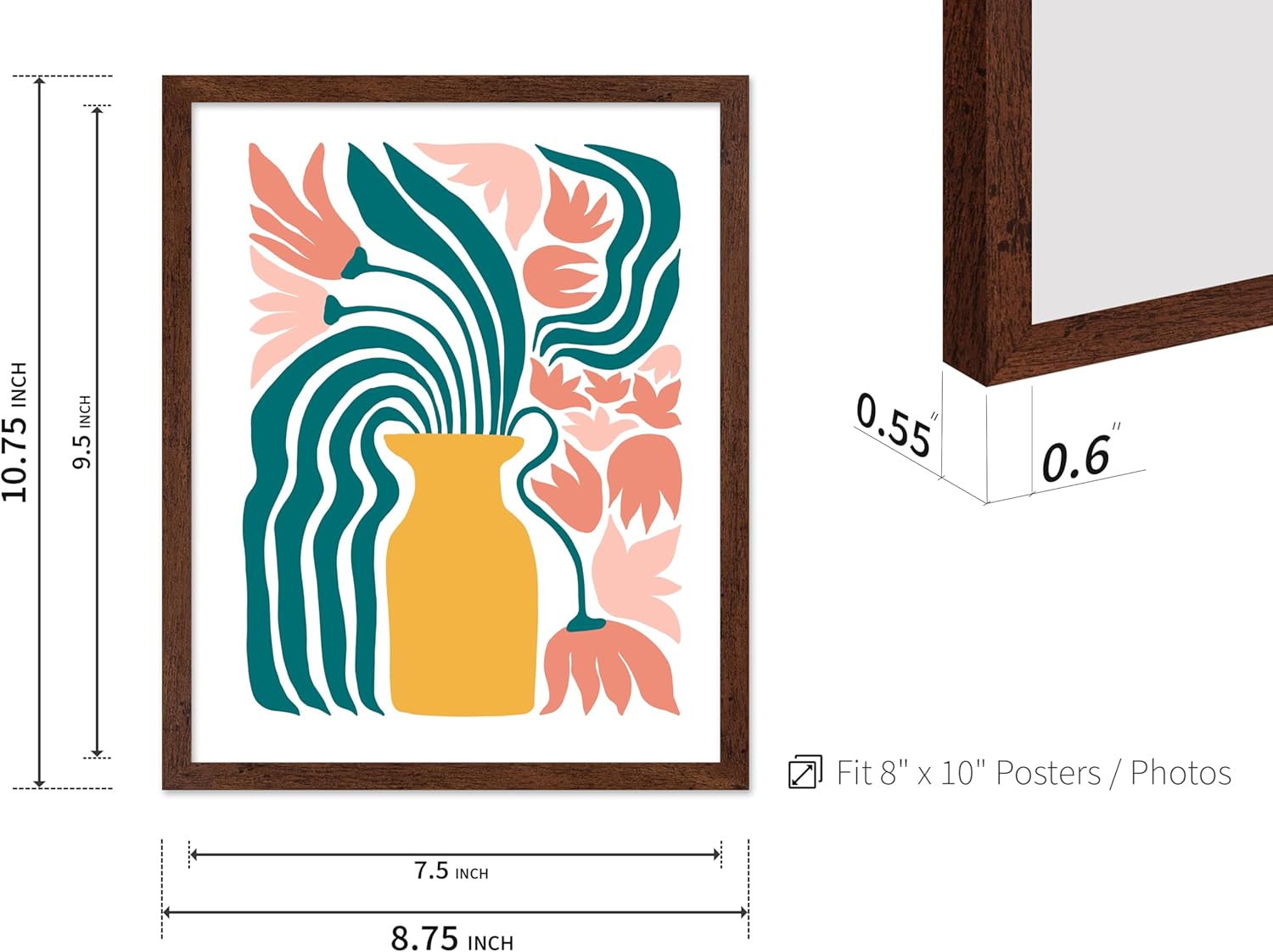 Poster Master Flower Vase Poster - Retro Floral Print - Pastel Colors Art - Groovy Flowers Design - Abstract Artwork - Chic Boho Decor - Aesthetic Living Room or Flower Shop Decor - 8x10 Brown Framed