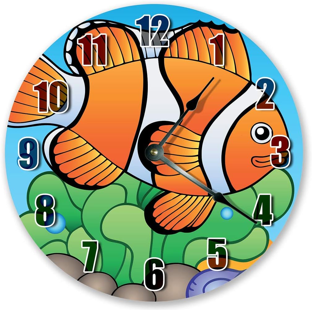 10.5" Cartoon Clown Fish Ocean SEA Creatures Clock - Kids Clock - Large 10.5" Wall Clock - Home Decor Clock