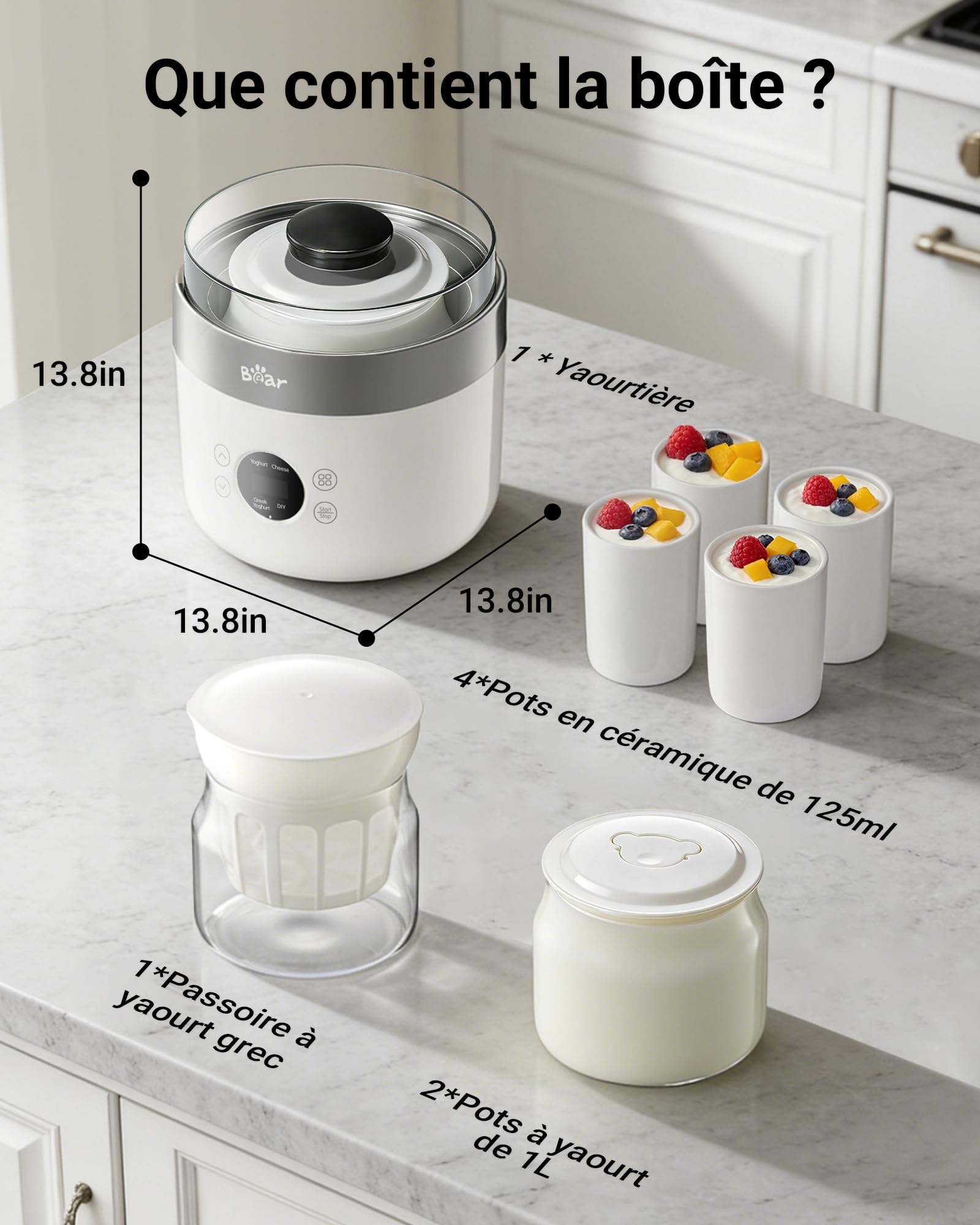 Bear Yaourtois et fromager frais, avec 4 tasses portions en céramique de 125 ml, 2 grands récipients en verre de 1 L et 4 programmes préréglés pour yaourt grec et fromage